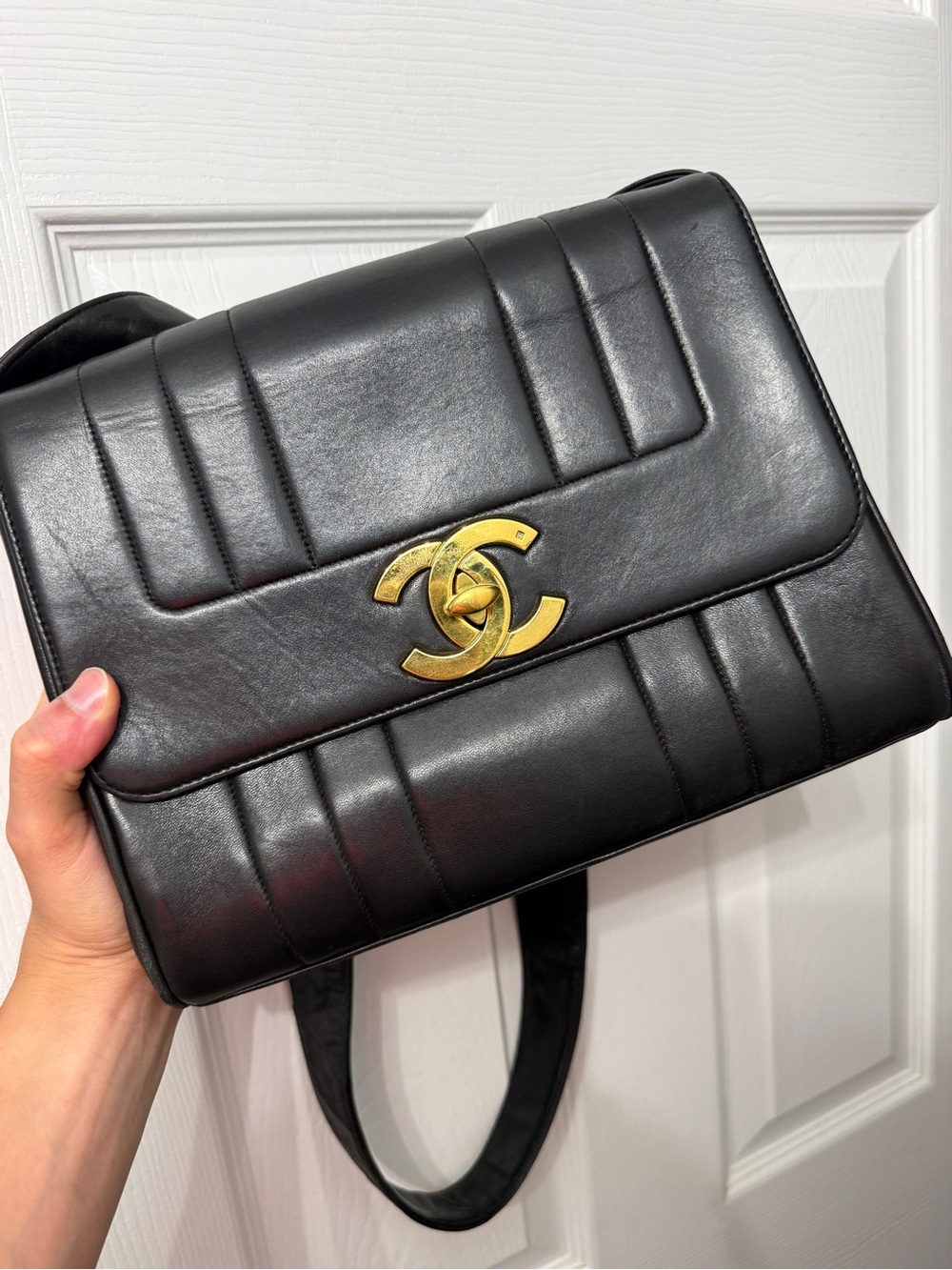 CHANEL Black Quilted Lambskin Shoulder Bag with Gold CC Hardware